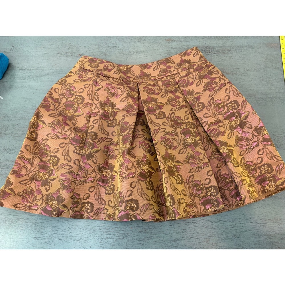 Context Floral Brocade Metallic Pleated Mini Skirt Copper Pink Gold Size 14